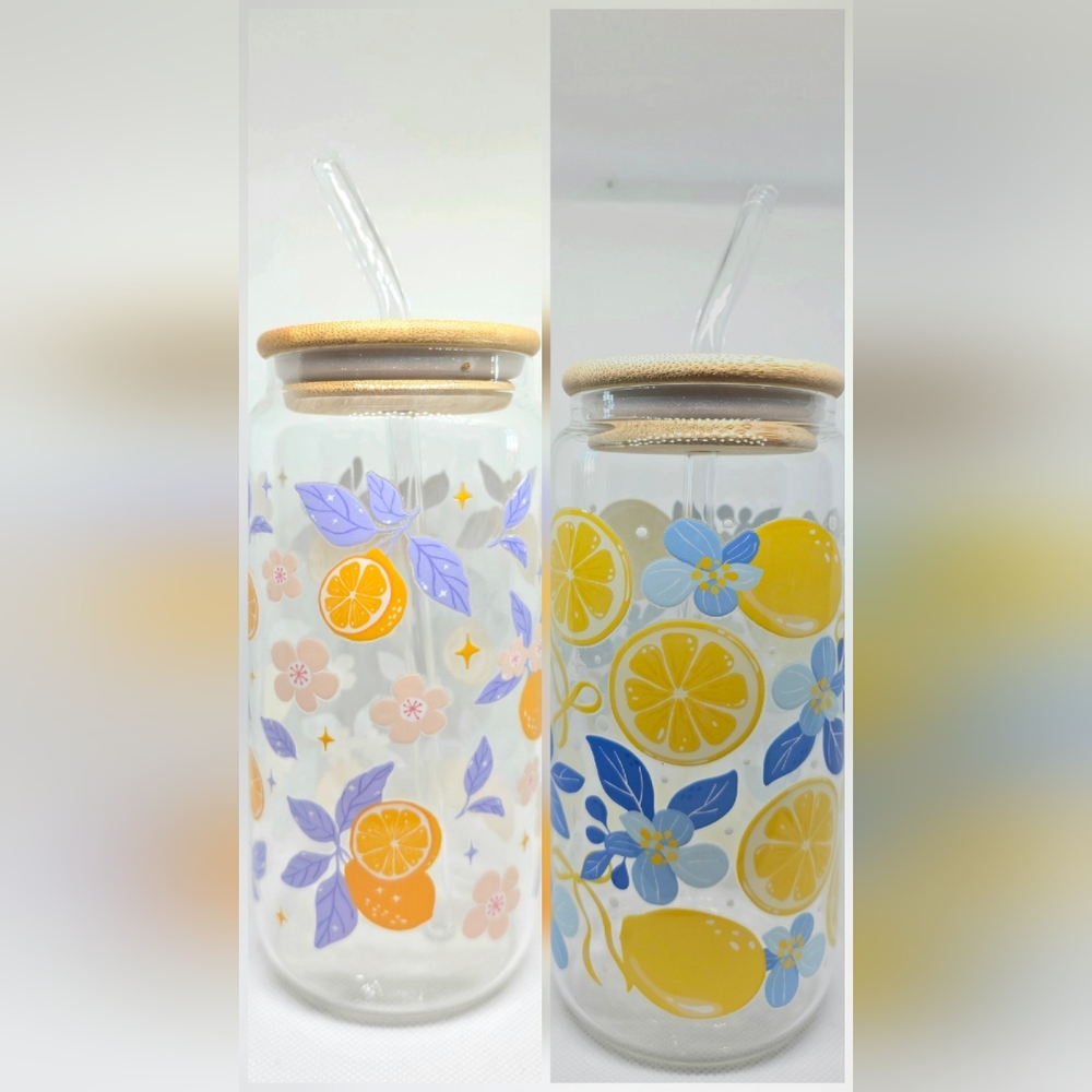 Floral and Citrus Glass Cup with Bamboo Lid And Glass Straw